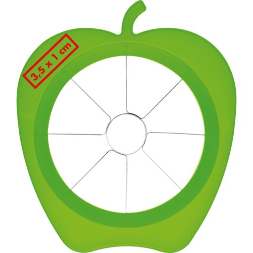 Cortador de manzana de plástico verde con cuchillas de acero inoxidable.