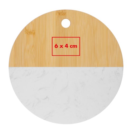 Tabla de cortar de madera clara, redonda con orificio para colgar.