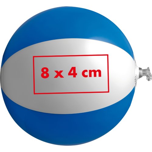 Pelota de agua de plástico azul y blanca con válvula inflable.
