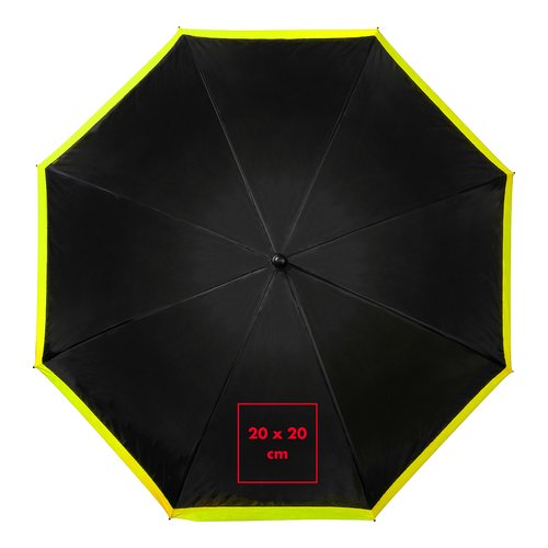 Paraguas negro con borde amarillo y mecanismo de apertura automática.